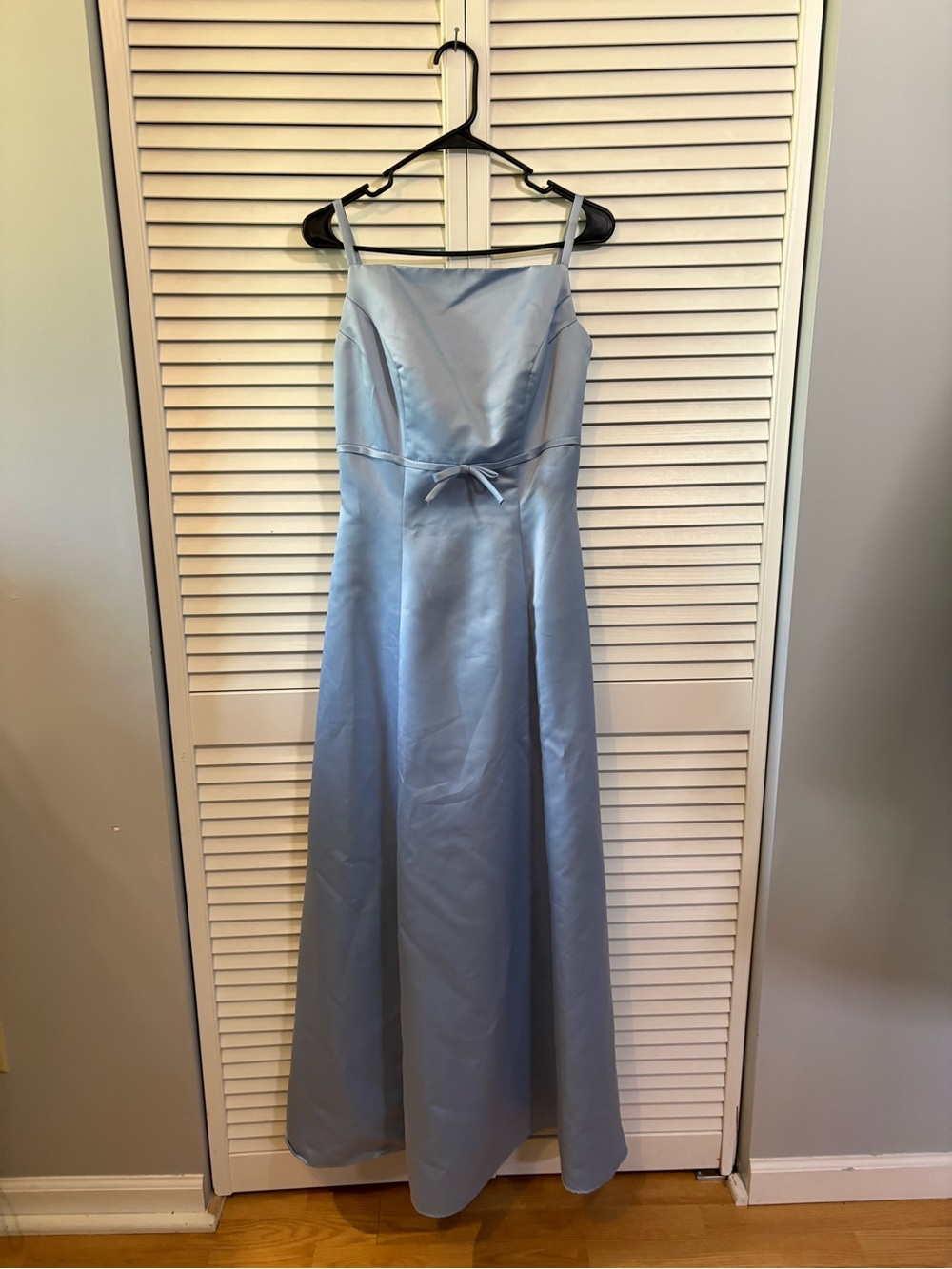 Eden Maids Light Blue Satin Maxi Dress Button Bow Floor Length Prom Homecoming